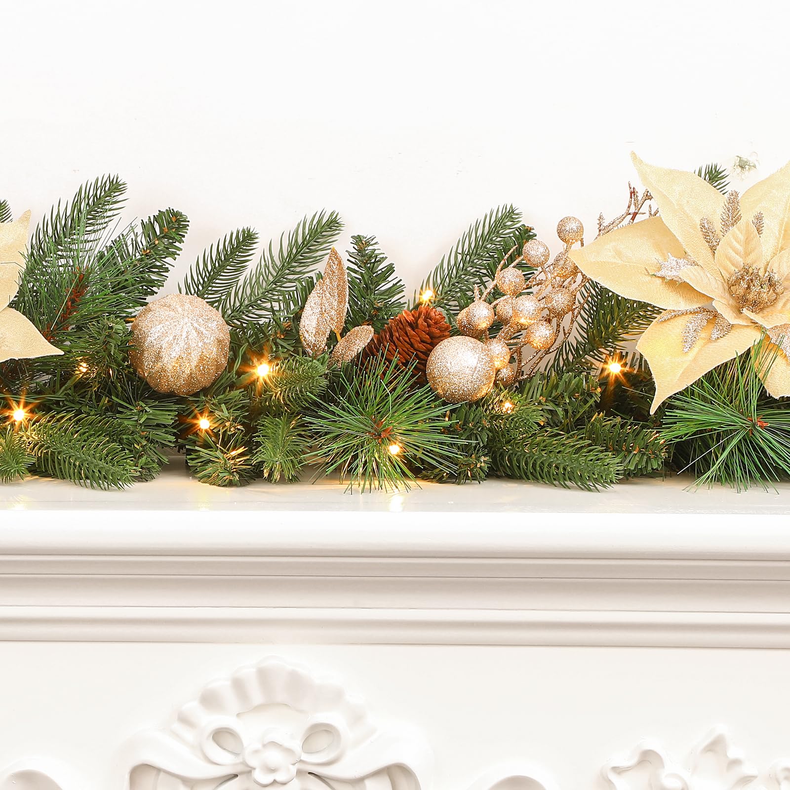 SHareconn 6FT Prelit Christmas Garland Decorations with Multi-Color LED Lights, Battery-Operated Timer, Lighted Garland with Ball Poinsettia for MantleTable Fireplace Stairs Railing Indoor Decor
