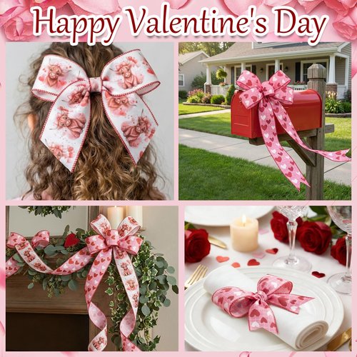 Bllavie 2 Rolls Valentine Wired Ribbon Heart and Love Plaids Fabric Ribbons Fawn Pattern Craft Ribbon for Gift Wrapping DIY Bow Wreath Craft Making