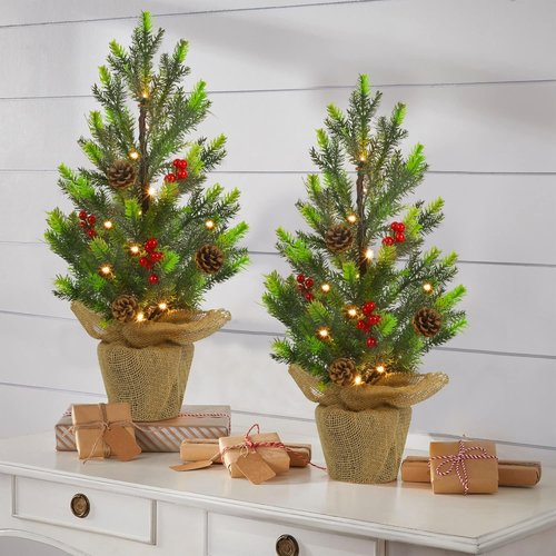 Juegoal 24-Inch Lighted Mini Christmas Trees - Battery Operated Pine Trees with Burlap Base for Holiday Decor