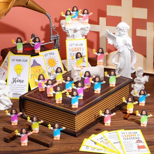 CroBlissful Mini Jesus Figurines - 30 Sets Glow in The Dark with "Let Your Light Shine" Cards | Perfect for Sunday School Party Favors