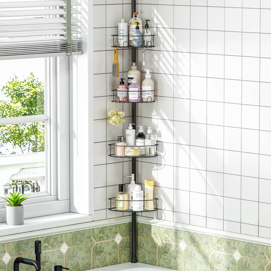 Skiennix Corner Shower Caddy - 4-Tier Adjustable Bathroom Organizer with Hidden Hook & Towel Holder | 63.7-119 Inch, Black