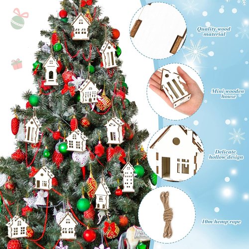 Coume Christmas Wood Ornaments - 9 Pcs Unfinished Rustic White Wooden House Decor for DIY Crafts