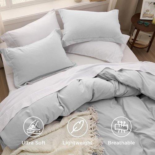 Bedsure Duvet Cover Set - Light Grey Full Size Bedding, Extra Soft Cotton-Like Polyester, 3 Pieces with Zipper Closure & 2 Pillow Shams, 80x90 Inches