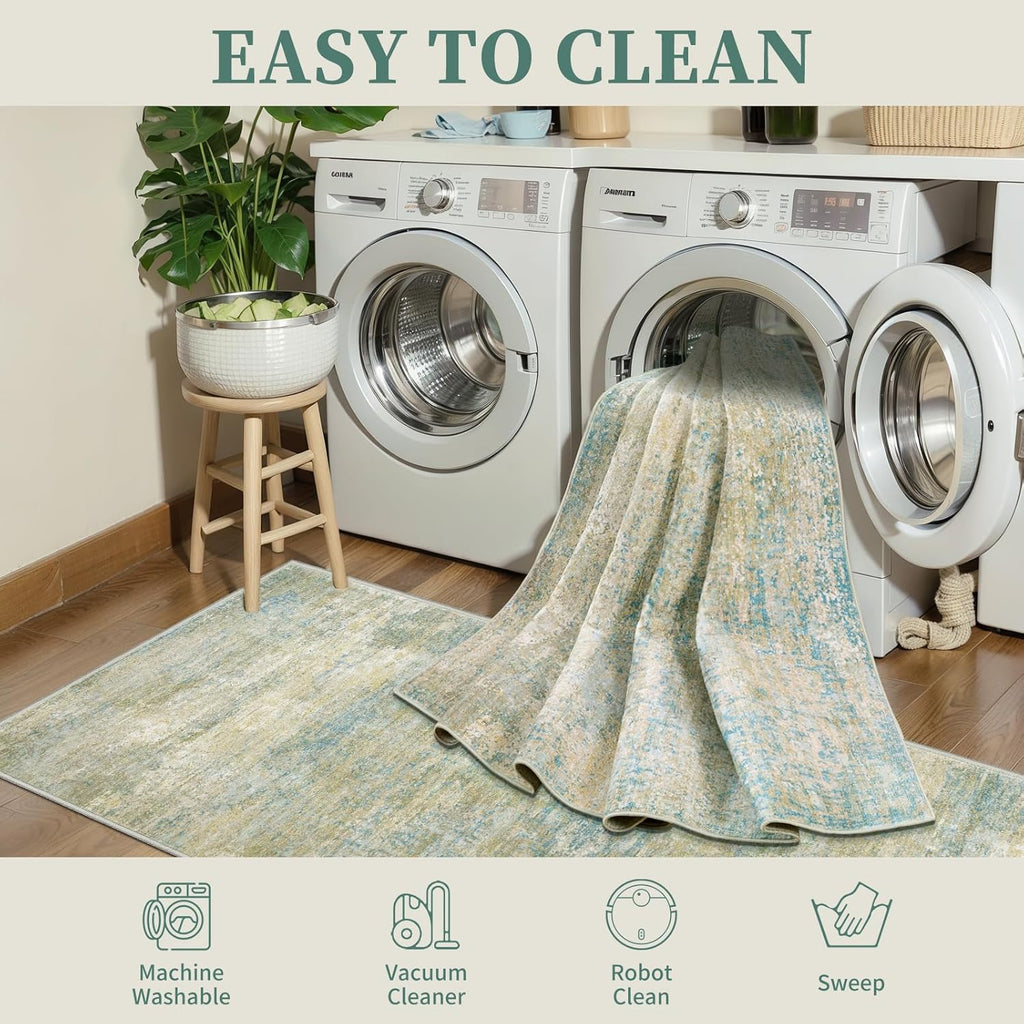 Tangsoo Washable 2x3 Area Rug - Modern Non-Slip Soft Rug for Entryway, Kitchen, Bathroom | Blue/Beige
