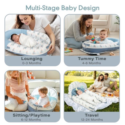 JollyBoo® Deluxe Infant Lounger Pillow - Portable Bamboo-Cotton Baby Nest with Sunshade & Toys | Soft, Breathable Mesh for Ages 0-24 Months (Blue Elephant)
