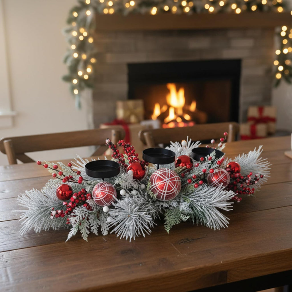 Regine Switzerland Christmas Candle Holder Centerpiece - Red Ornaments & Frosted Pine Branches | Holiday Table Decoration