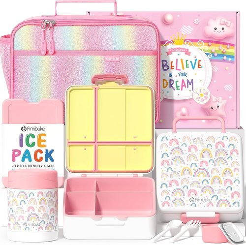 Fimibuke Kids Bento Lunch Box - 4 Compartments, Insulated Bag & Stainless Steel Thermo Jar | Perfect for Ages 3-12