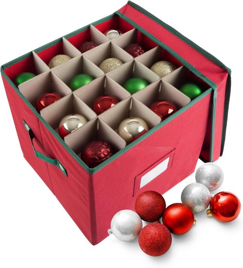 Elf Stor Christmas Decor Storage Box - Red Oxford Canvas Ornament Cube with 64 Compartment Dividers & Lid