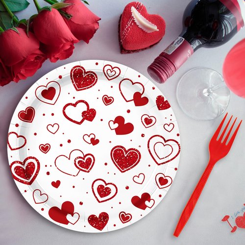 96 Pieces Valentine’s Day Tableware Set – Red Heart Disposable Plates, Napkins, and Forks for Romantic Dinners, Weddings, Anniversaries, and Love-Themed Parties – Serves 24