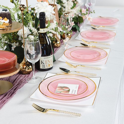 N9R 60PCS Pink Plastic Plates with Gold Rim – 30 Dinner & 30 Dessert Plates, Circular Ribbed Design, Elegant Disposable Plates for Weddings, Events, Banquets, Special Occasions (Translucent Pink)