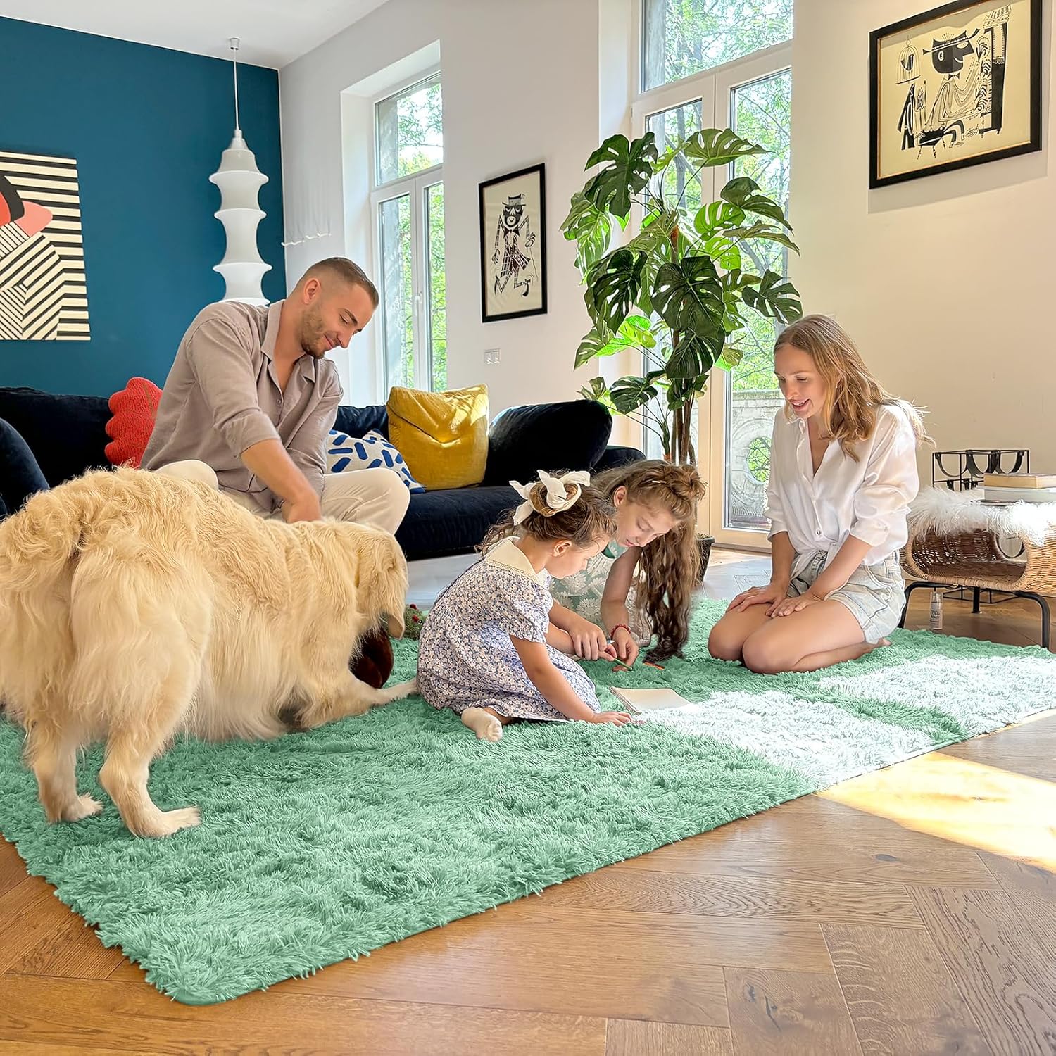 OLANLY Area Rug - Soft Fluffy Shaggy Design | Machine Washable 4x5.9 ft Mint Green for Living Room & Bedroom