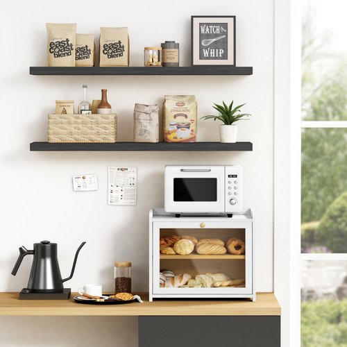Goozii White Double Layer Bread Box for Kitchen Countertop, 2 Tier Counter Breadbox for Homemade Bread, Large Bread Storage Container Holder Keeper for Sourdough Loaf Storage (Bamboo Wood)