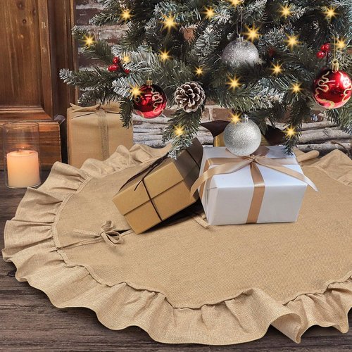 Sofevaim Mini Burlap Tree Skirt 24 Inch, Small Burlap Tree Skirt with Ruffle, Boho Christmas Tree Skirt for Pencil Tree Western Christmas Farmhouse Decorations