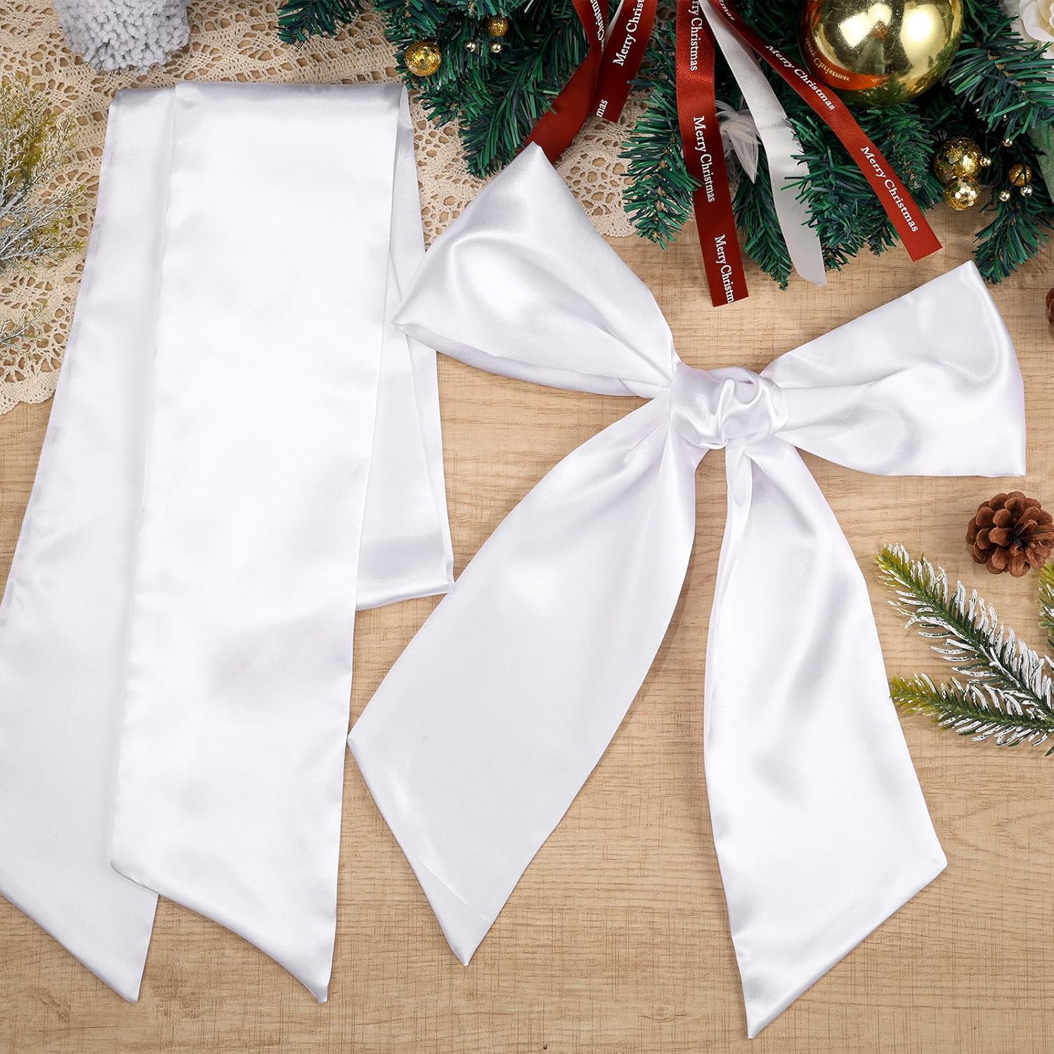 Skiennix 4 PCS White Satin Wreath Sashes - Blank Embroidery Accessories for Weddings & Holidays
