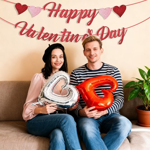 Glitter Happy Valentine's Day Banner with Hearts - Festive Valentine's Decor for Home, Party, Classroom - Red & Pink Romantic Sign for Valentine’s Holiday Decoration