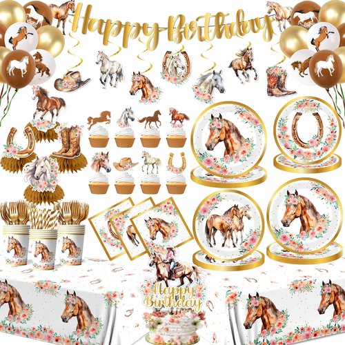 Cowgirl Birthday Party Decorations Tableware Set, Horse Party Supplies Includes Plates, Napkins, Cups, Banner, Hanging Swirl, Tablecloth, Cake Topper, for Girl Birthday Decorations, Serve 24
