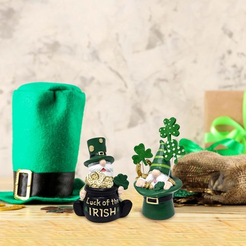Gift Boutique St. Patrick’s Day Leprechaun Gnome Figurines - Set of 2 Irish Lucky Decor with Gold Pot & Shamrocks