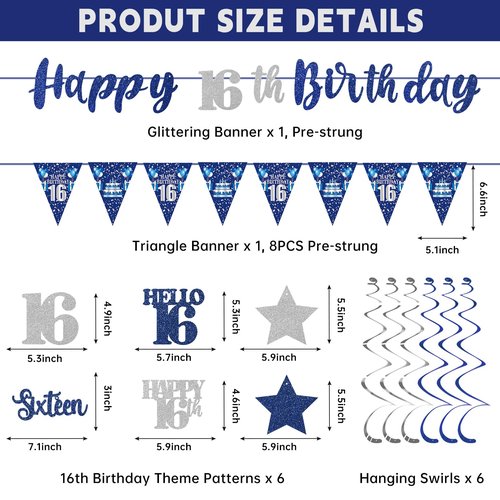 Blue Silver 16th Birthday Decorations for Boys Girls, Happy 16th Birthday Banner Stars Sixteen Hanging Swirls Hello 16 Bday Decor Party Supplies Sign