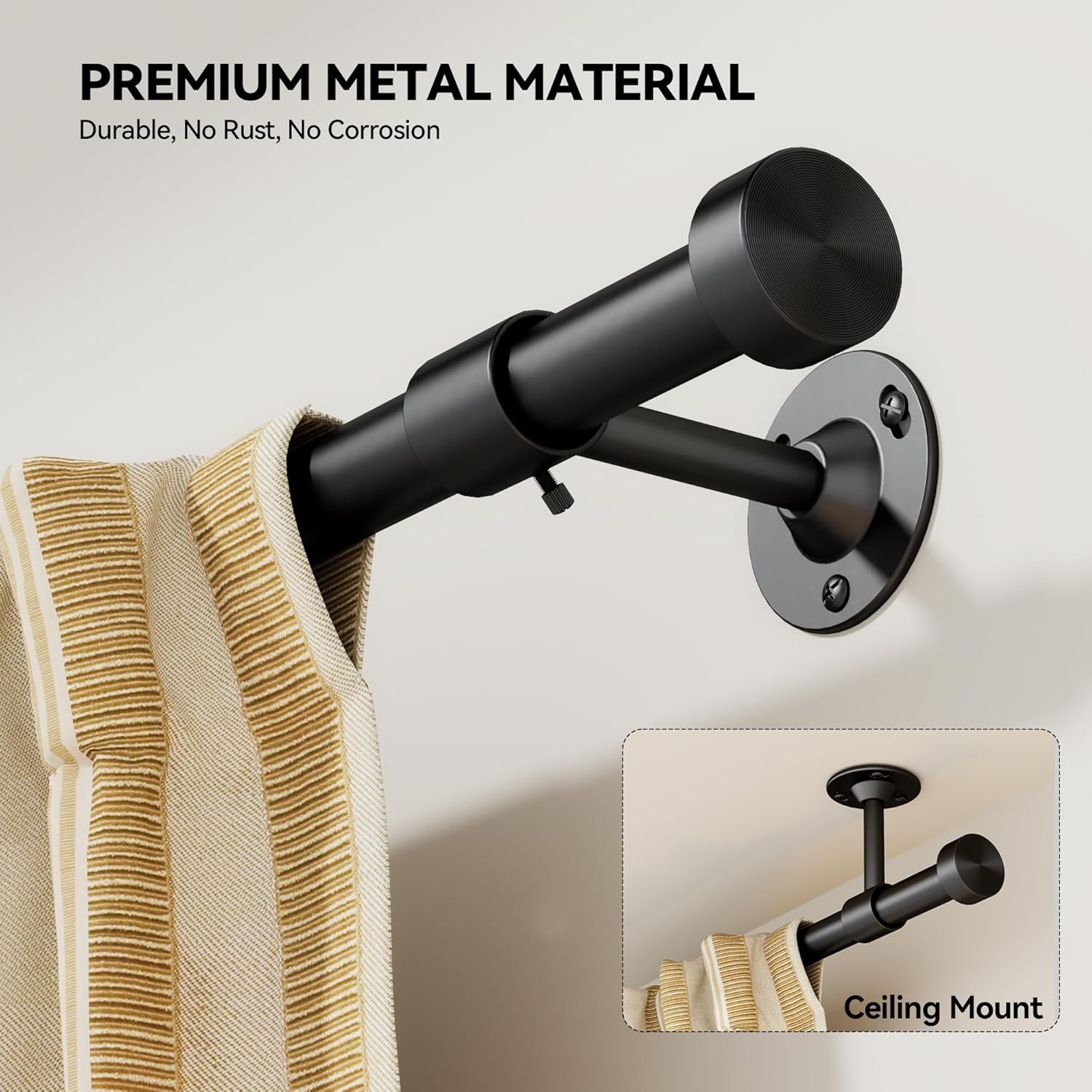 YaFex Heavy Duty Curtain Rods - Adjustable 32-150 Inch Black Window Treatment | Easy Install, Aluminium Finials