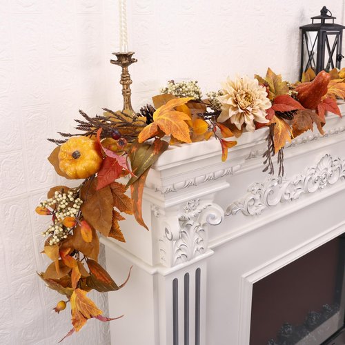 MDSTBN Fall Garland 6Ft Lifelike Autumn Maples Leaf Pumpkin Garland with Berries Pine Cones, Fall Decorations for Home Thanksgiving Halloween Fireplace Farmhouse Porch Indoor Outdoor Decorations