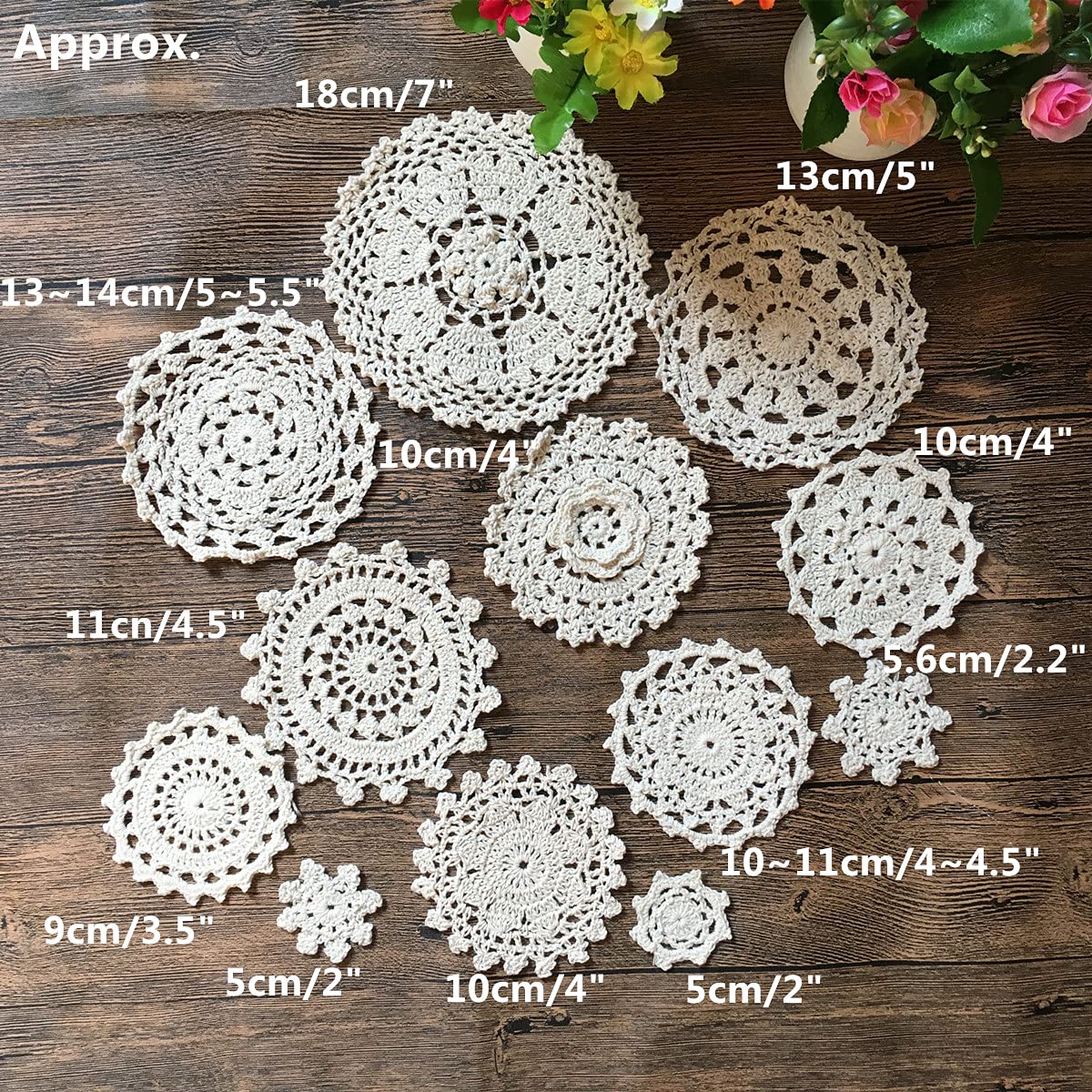 MINDPLUS Set of 24 Hand Crochet Doilies Lace 2-7 Inch Round Cotton Beige Vintage (24pcs Beige)