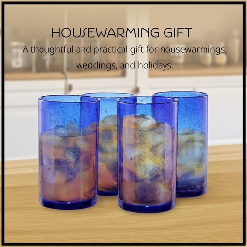Artland 17oz Highball Tumbler, Set of 4 | Iris Seeded Design, Cobalt Blue | Drinking Glass for Parties and Everyday Use - Mojito, Whiskey, Cocktail | Glassware & Kitchenware Essentials