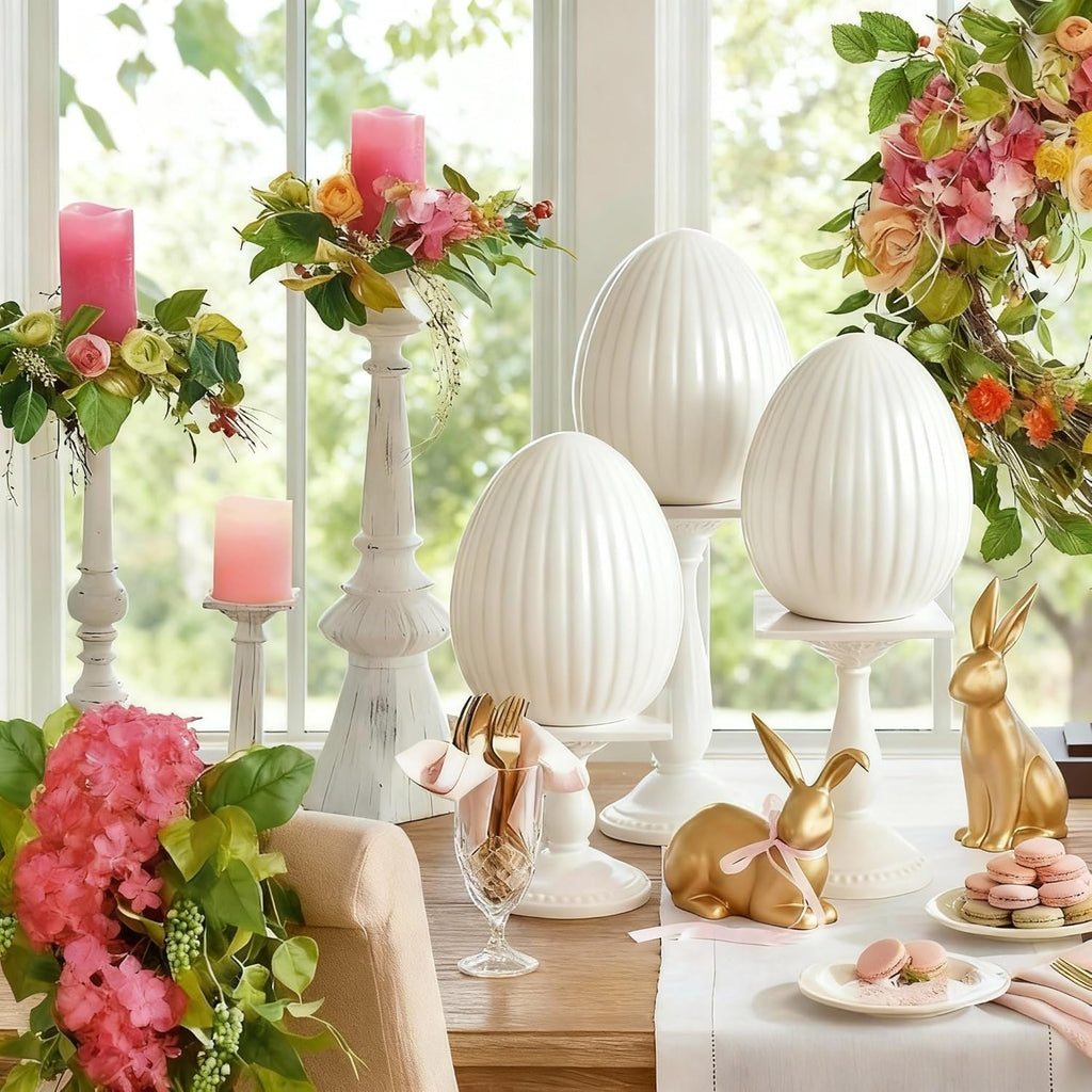 Skiennix Large Ceramic Easter Egg - White Spring Table Centerpiece for Minimalist Decor | 2 Pcs Set