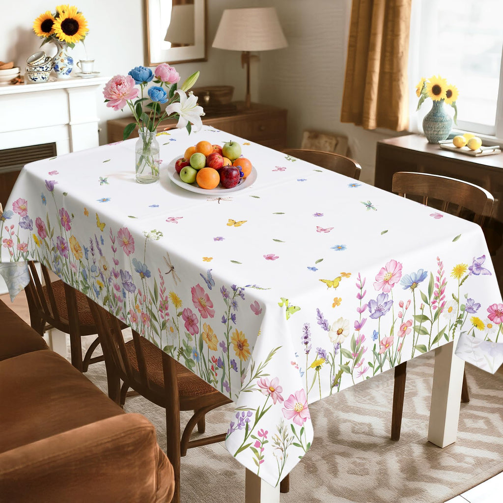 Arquiel Spring Summer Tablecloth Waterproof, Wild Flowers Butterfly Table Cloth Rectangle, Washable Table Cover for Party Picnic Wedding Outdoor Dining Decor (60×104 Inch)