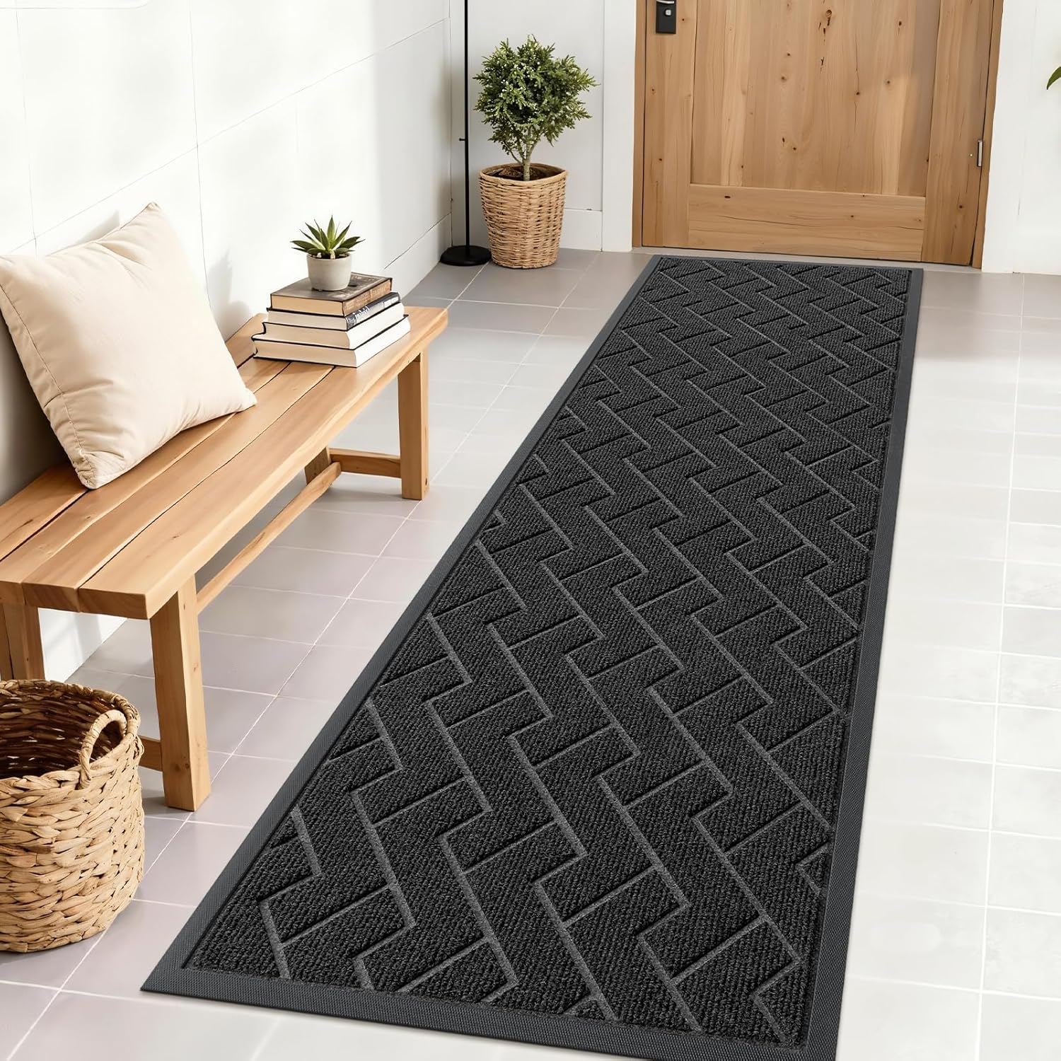 OLANLY Waterproof Front Door Mat - All-Season Indoor/Outdoor Doormat, Easy Clean Herringbone Brick (Black, 71x23)