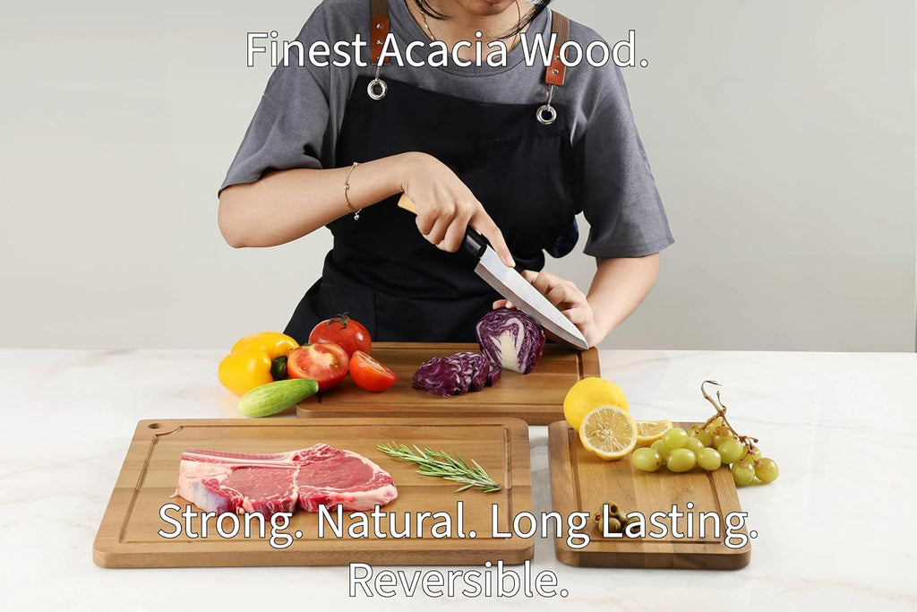 Sango Acacia Cutting Board Set - 3-Piece Wood Chopping Boards with Juice Grooves & Hanging Holes | Stackable, Reversible, Non-Toxic Design for Kitchen
