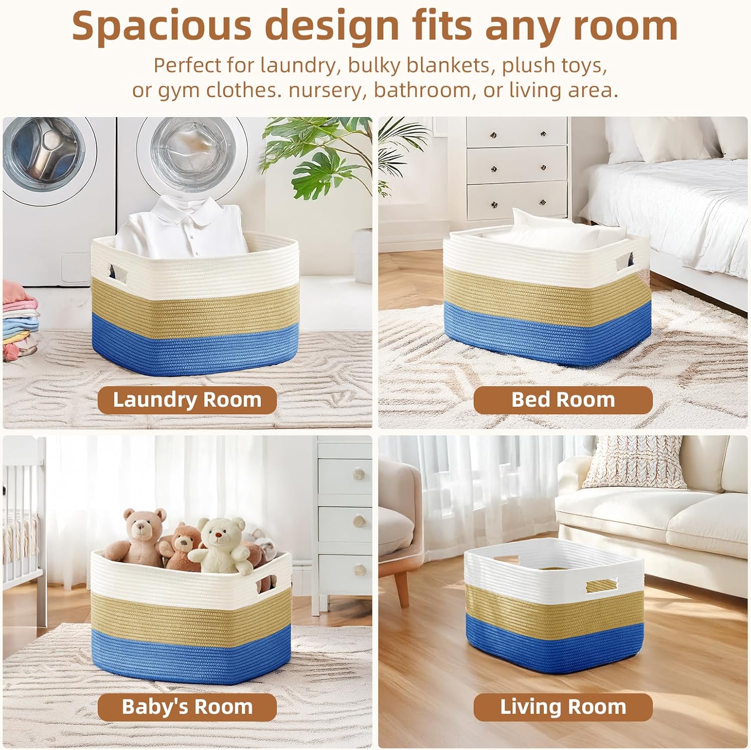 Skiennix Cotton Rope Basket - Large Woven Storage Solution for Blankets, Toys & Laundry | 72L, White & Dark Blue