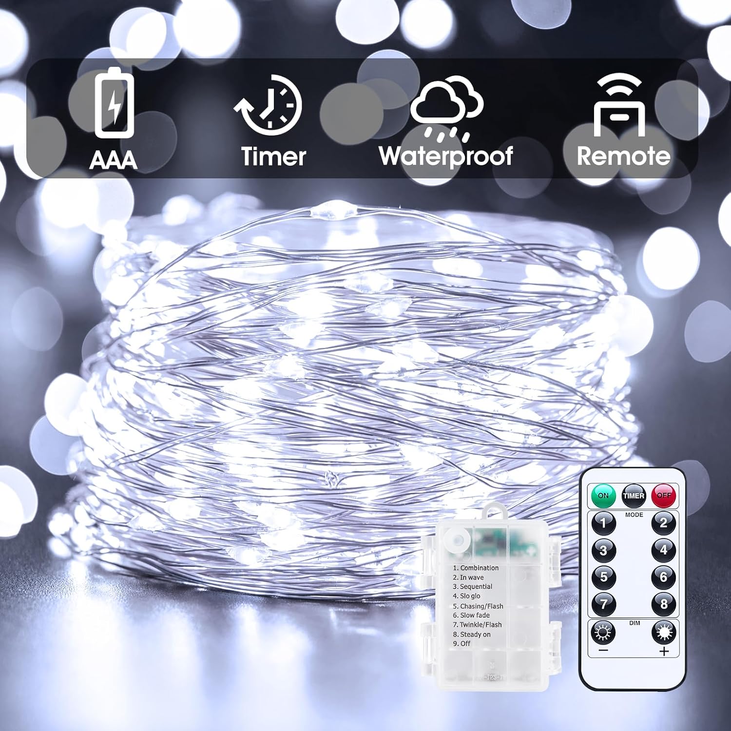 Skiennix 33Ft 100LED Outdoor String Lights - Waterproof Pure White Fairy Lights with Remote for Indoor & Outdoor Decor