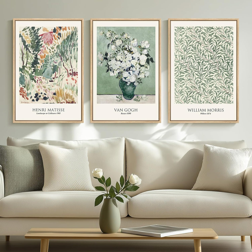 Van Gogh Framed Large Canvas Wall Art - Vintage Sage Green Botanical Prints | 3-Piece Set, 16x24 Inch