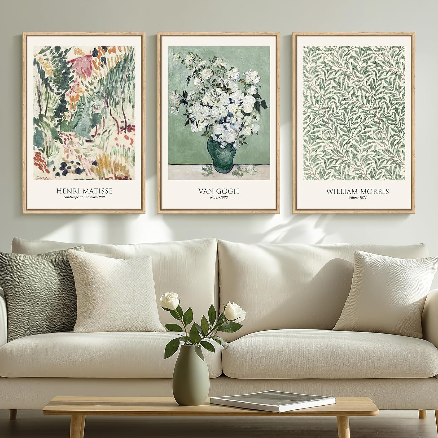 Van Gogh Framed Large Canvas Wall Art - Vintage Sage Green Botanical Prints | 3-Piece Set, 16x24 Inch