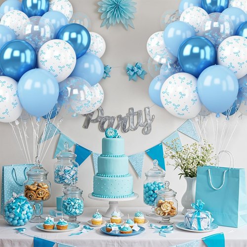 Blue Bow Balloons - 30 Pcs 12-Inch Blue & White Balloons for Bachelorette Party Decorations