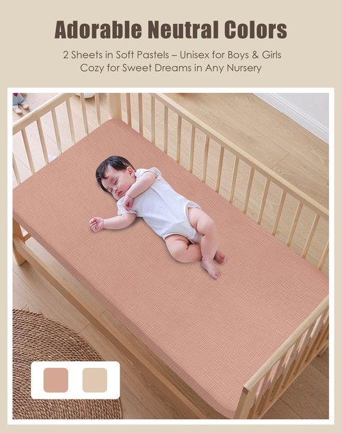SWEET DOLPHIN 2-Pack Muslin Crib Sheets for Boys & Girls, Ultra Soft Breathable 40S Long-Staple Cotton Fitted Baby Sheets for Standard Crib Mattress 52"x28", Light Bean Paste- Nursery Essentials