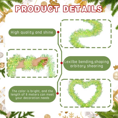 DIYDEC 26.2FT Christmas Tinsel Garland Shiny Iridescent Green Garland Christmas Glitter Foil Metallic Twist Hanging Green Garlands for Xmas Tree Fireplace Home Party Decoration