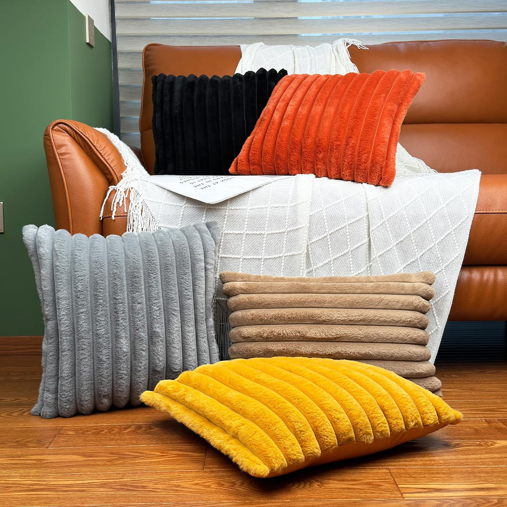 24x24 Throw Pillow Covers Set of 2, Decorative Faux Fur Covers for Bed, Couch Soft Fluffy Pillow Cover with Velvet Back for Living Room, Neutral Home Décor Accent for Sofa - Black