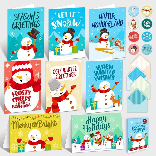 Decorably 16-Pack Snowman Kids Christmas Cards - 5x7in Holiday Designs with Envelopes & Stickers