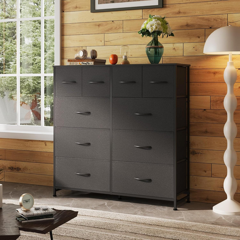 WLIVE Dresser - Tall Chest Organizer with 10 Fabric Drawers & Wooden Top - Black Storage Unit for Bedroom