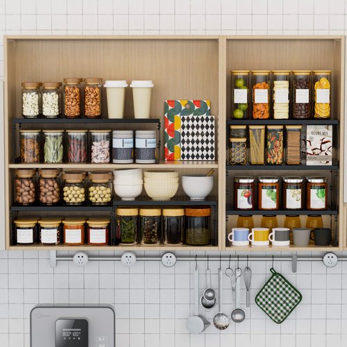Asiingkel Stackable Expandable Metal Shelf Organizer - Adjustable Wire Storage Rack with Holes for Kitchen, Bathroom, Cabinet, Office - Space Saving, Durable & Sturdy Design（3PACKS/Medium/Black