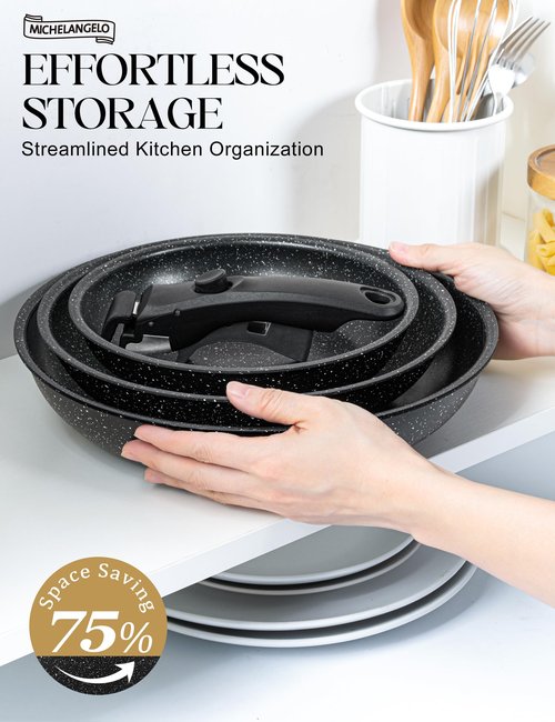 MICHELANGELO Nonstick Frying Pan Set, Non Toxic Frying Pans with Removable Handle, Granite Coating Non Stick Skillet Set of 3, Induction Compatible - 8" 9.5" and 11", Black