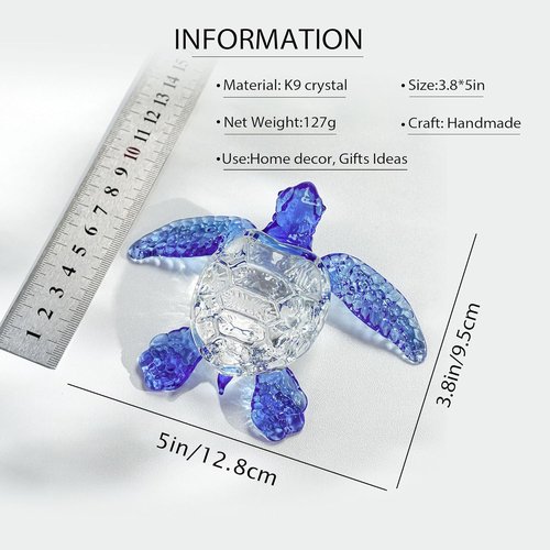 HDCRYSTALGIFTS Handmade Crystal Sea Turtle Figurine - Art Glass Ocean Sculpture for Home Decor (5 Inch, Blue)