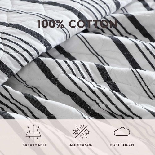 Laura Ashley - Quilt Set, Super Soft & Prewashed Bedding with Matching Shams, Modern Design with Scallop Edges, Cozy Home Essentials (Stripe Perfection Grey, Full/Queen)