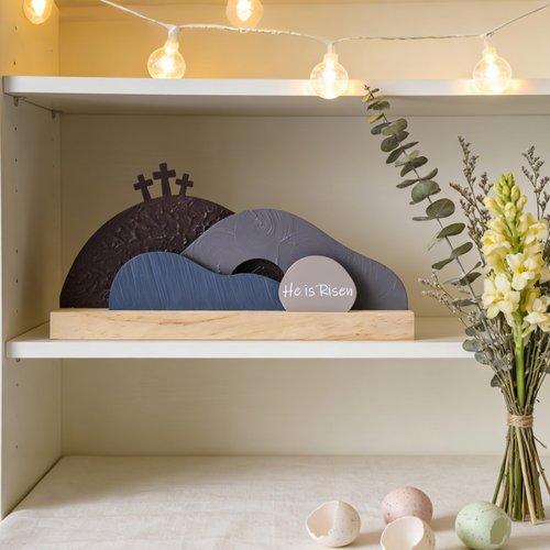 AOMOONOA Easter Empty Tomb Decor Set, He is Risen Resurrection Scene with Wooden Base, Religious Tomb Scene Easter Decoration for Christian Holiday Home Tabletop Decor