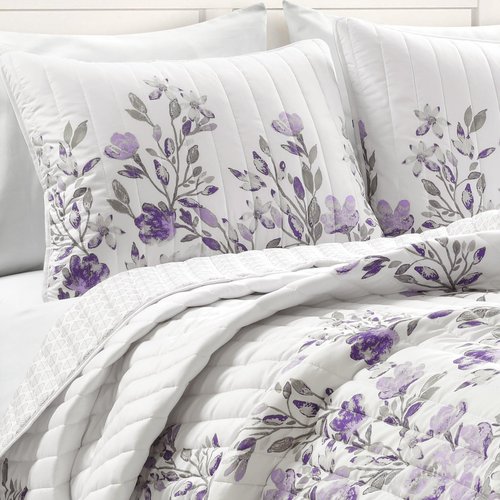 Lush Decor Tanisha Reversible Floral Quilt Set, 3 Piece Set, King, Gray & Purple - Elegant Floral Bedding Set - Purple Lavender Quilt - Beautiful Flower Print - Modern Farmhouse & Cottage Home Décor