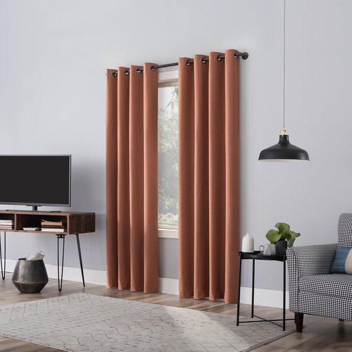 Sun Zero Channing Grid Texture Draft Shield Fleece Insulated Total Blackout Grommet Curtain Panel, 50" x 96", Terracotta Orange