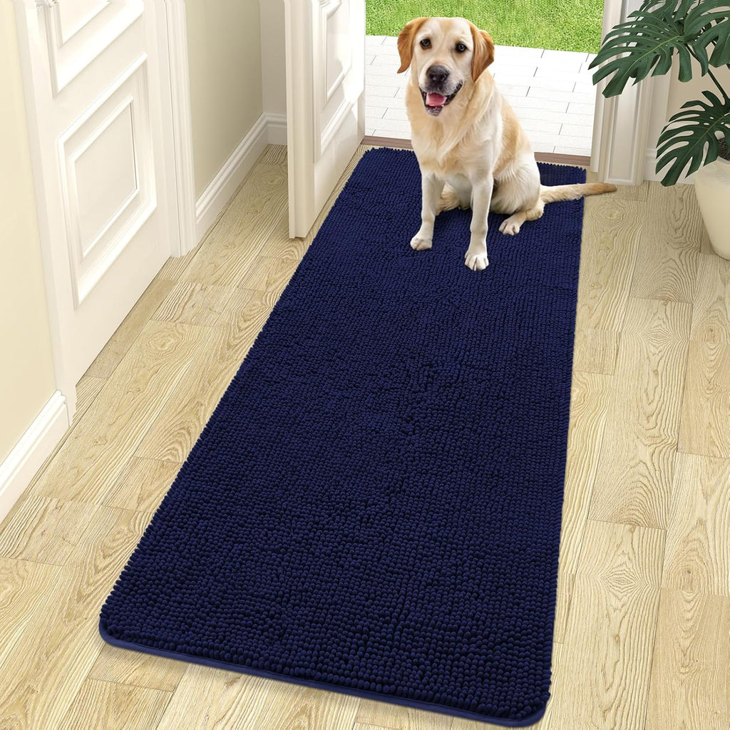OLANLY Dog Door Mat - Absorbent Non-Slip Chenille Mat for Muddy Paws | 70x24 Inches, Navy Blue