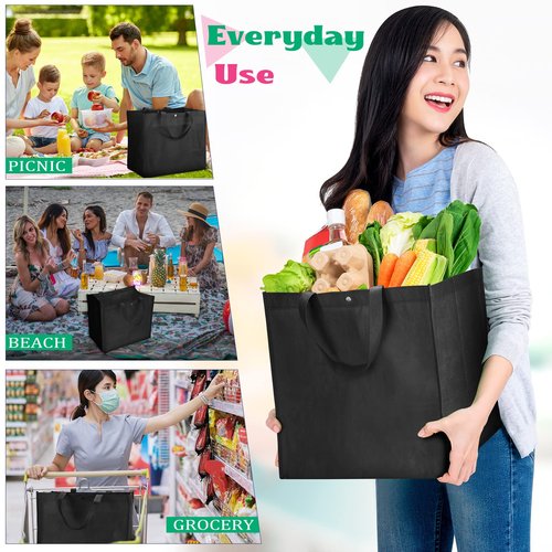 Boao 48 Pack Reusable Grocery Bags 13''L x 9.4''W x 15''H Large Foldable Shopping Tote Bag Non Woven with Handle and Button(Black)
