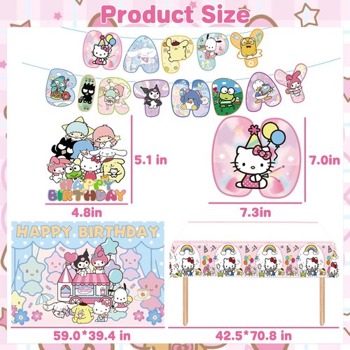 Cartoon Birthday Party Decorations, Include Latex Foil Balloons Backdrop Happy Birthday Banner Tablecloth Hanging Swirls Cupcake Cake Toppers Stickers Supplies